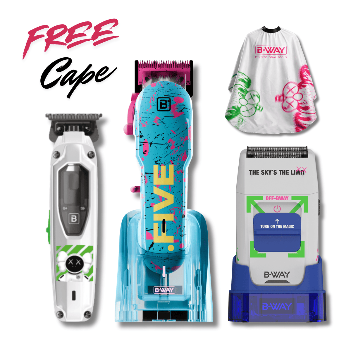 B-Way NEW Five Shorty Clipper, T-Pro Trimmer & OFF Shaver – Professional 3-in-1 Barber Set with Free Barber Cape - Christy's Beauty & Tingz LLC
