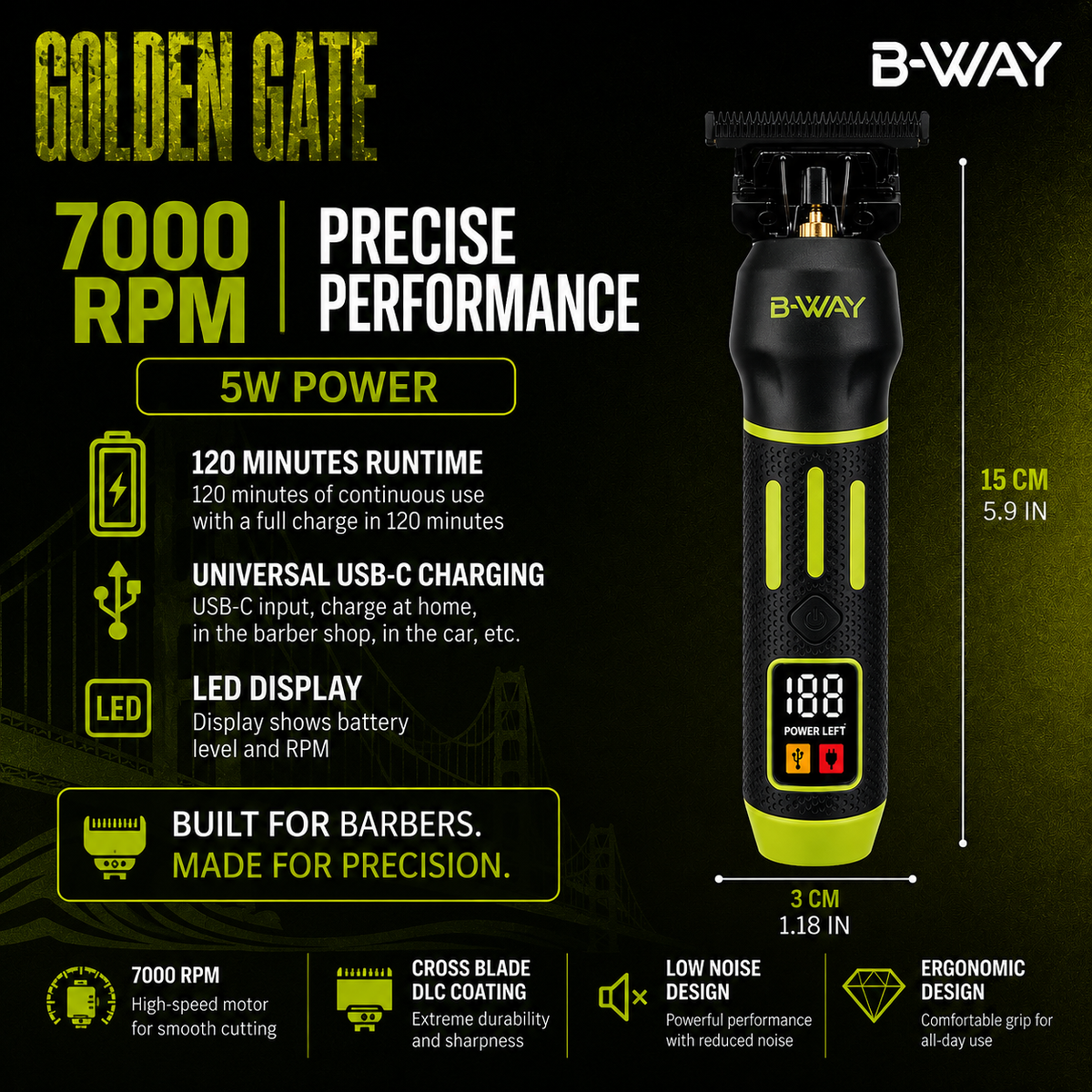 B-WAY Golden Gate Professional Cordless Trimmer – 7,000 RPM