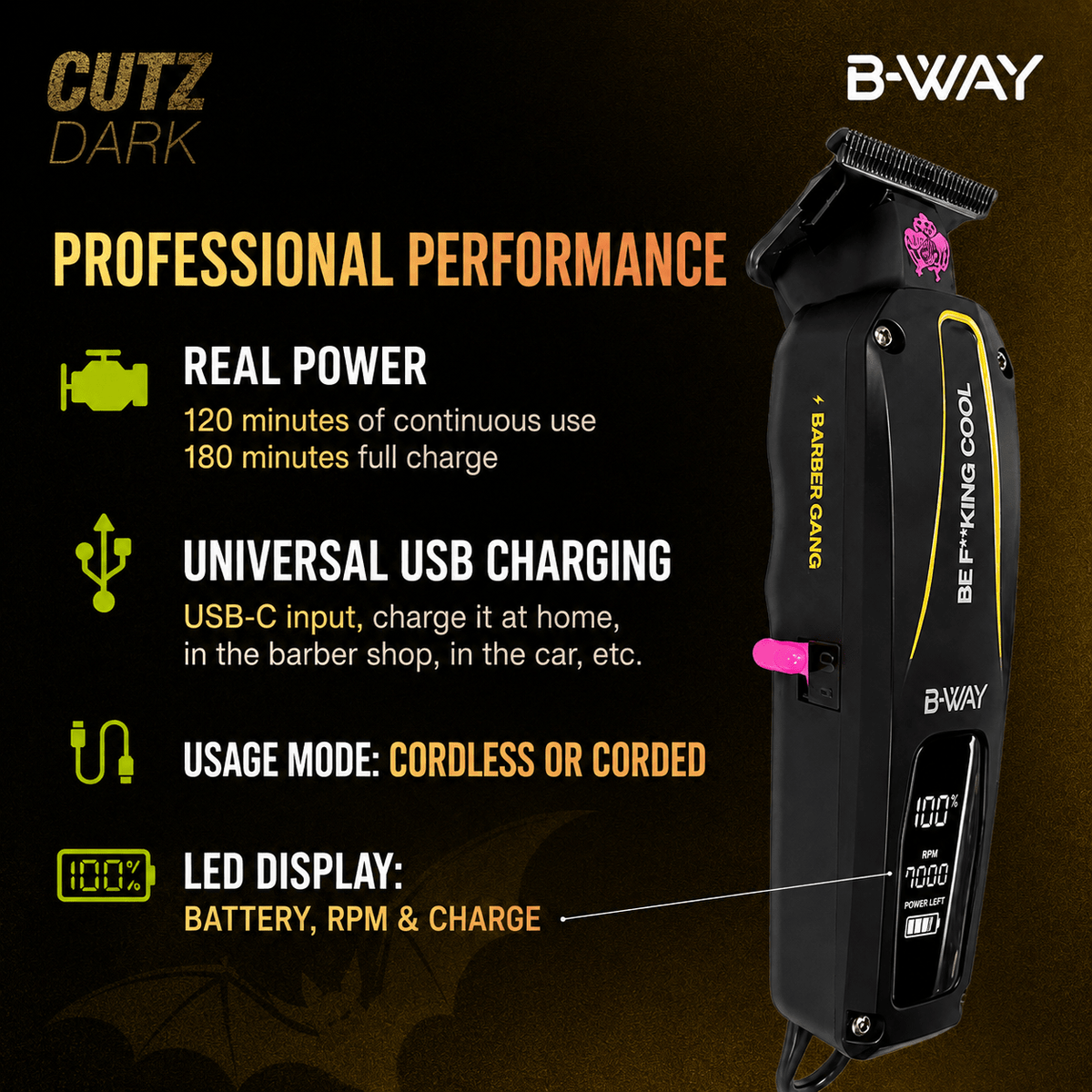 B-WAY CUTZ Dark Professional Cordless Trimmer – 7,000 RPM - Christy's Beauty & Tingz LLC