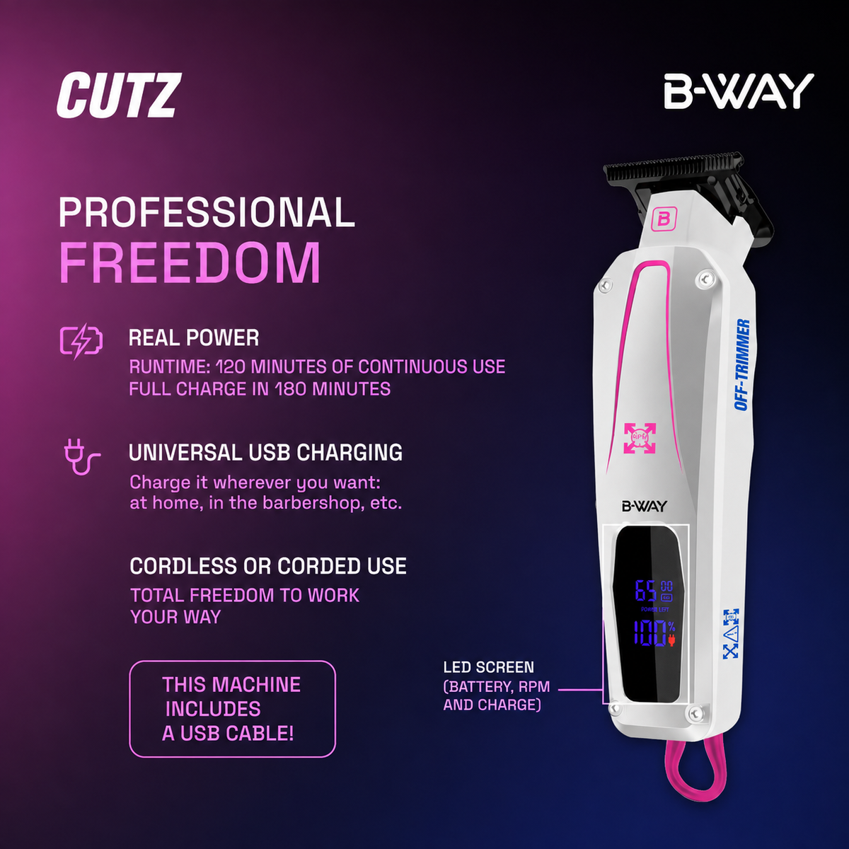 B-WAY Professional Barber Kit – Cordless Hair Clipper, Trimmer & Foil Shaver Set – Katana Clipper, CUTZ White Detail Trimmer & OFF Foil Shaver for Fades, Haircuts & Finishing