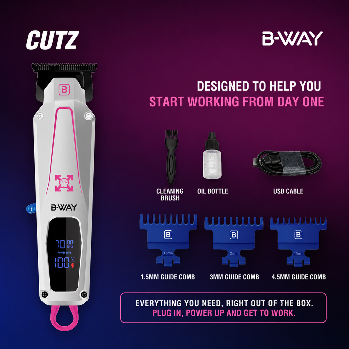 B-WAY Professional Barber Kit – Cordless Hair Clipper, Trimmer & Foil Shaver Set – Katana Clipper, CUTZ White Detail Trimmer & OFF Foil Shaver for Fades, Haircuts & Finishing